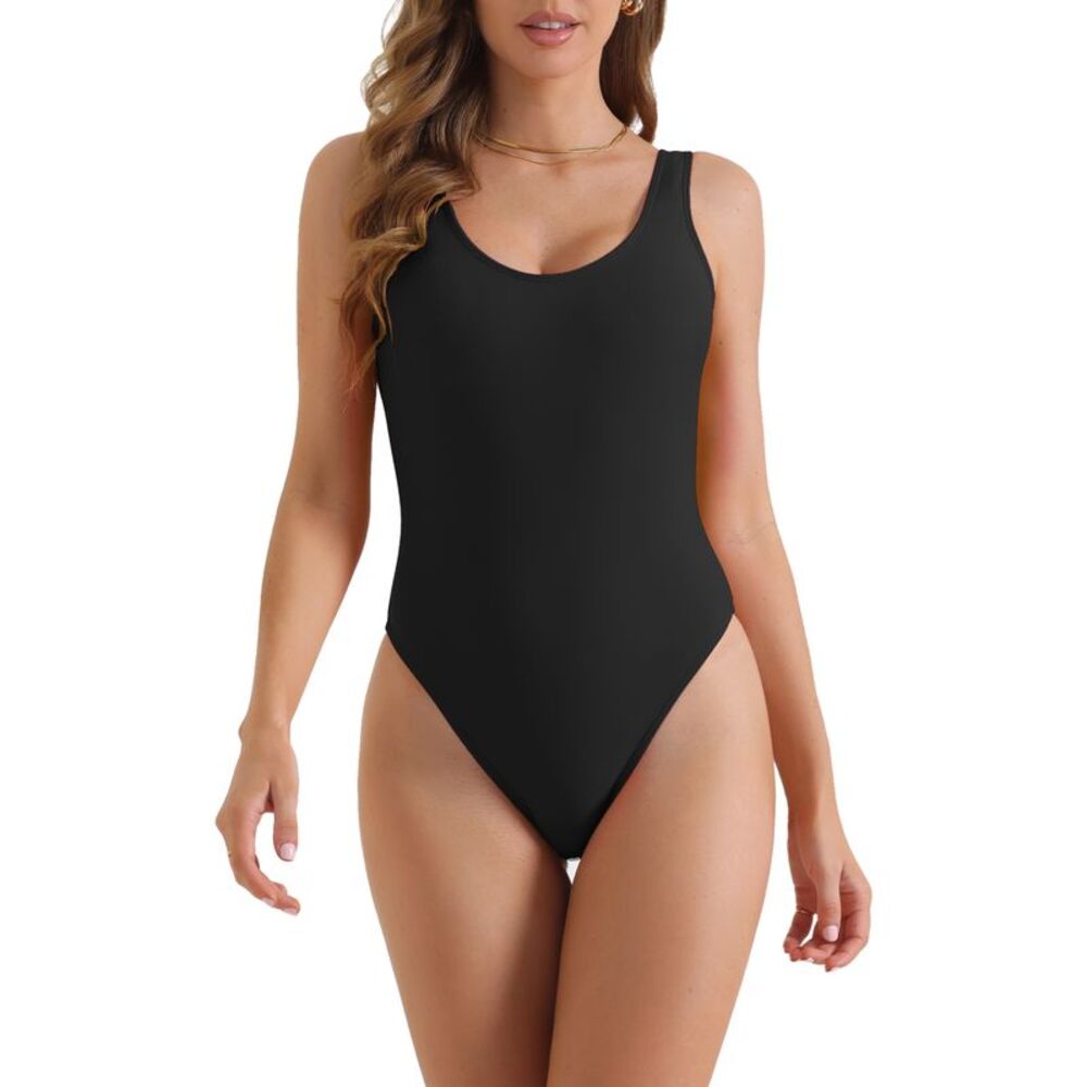 Wide Strap Low Back Slimming Swimwear Solid Scoop Neck Bikini Black